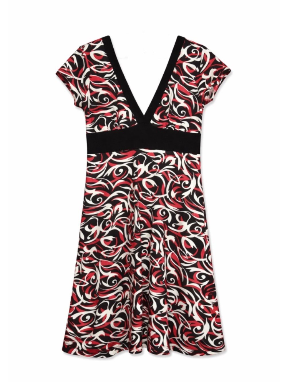 4/$20➡️ Vintage Y2K Black White & Red Swirl Dress Cap Sleeve V Neck – Large EUC